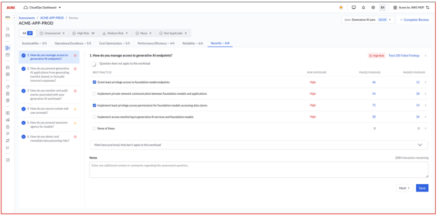 Image: Screenshot of the assessment overview page, highlighting the "Generative AI Lens" section with its specific pillars and findings